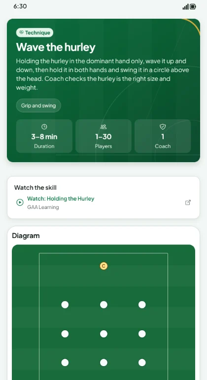 A drill with duration, players, a skill video link and a pitch diagram