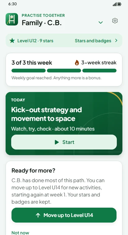 CatchSolo family space with a three-week streak and today’s activity
