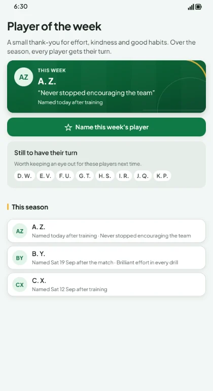 Player of the week, with the reason and this season’s picks