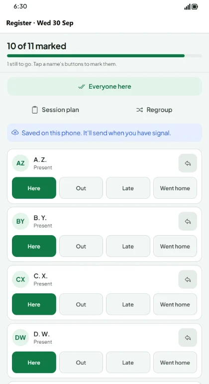 The register, with each player marked here, out or late, saved on the phone to send later.